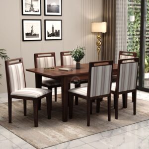 Taylor 6 Seater Dining Set with 6 Premium Upholstered Chair | Extendable from 4 to 6 Seater | Cream Stripe Fabric Cotton (Walnut Finish)