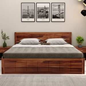 Adolph Sheesham Wood Queen Size Bed With Side Storage (Walnut Finish)